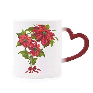 Imagem de Caneca vermelha sensível ao calor, buquê de poinsétia, flor de Natal, caneca vermelha que muda de cor