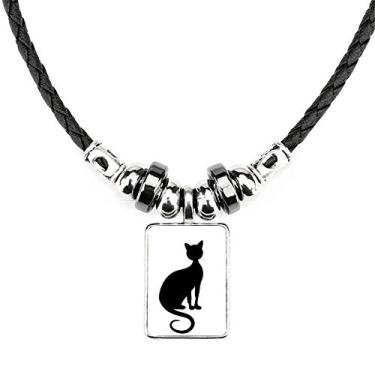 Imagem de DIYthinker Colar elegante de gato preto com desenho de animal e joia com pingente de corda de couro