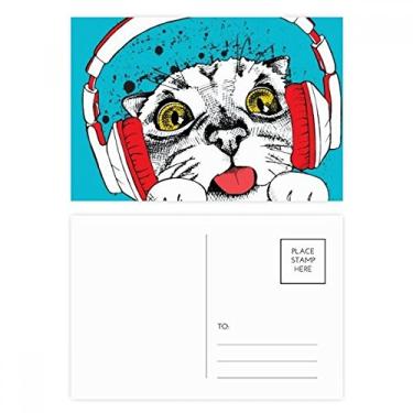 Imagem de Fone de ouvido vermelho branco para gatos protege animais amantes de animais de estimação, conjunto de cartões postais de aniversário cartão de agradecimento