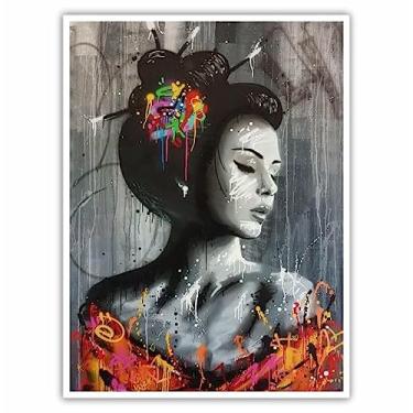 Imagem de Quadro Decorativo com Moldura de Madeira 90x60 Mulher Desenho Gueixa para Decoração Sala Quarto e Outros Ambientes Cor da Moldura:Branco