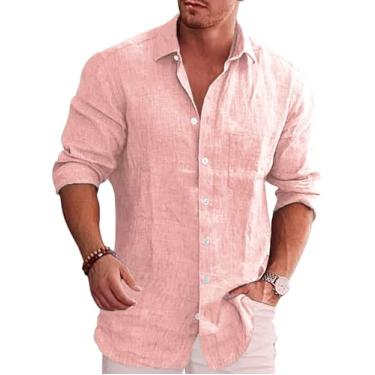 Imagem de COOFANDY Camisa masculina casual com botões e manga comprida de cambraia de linho, Rosa creme, P