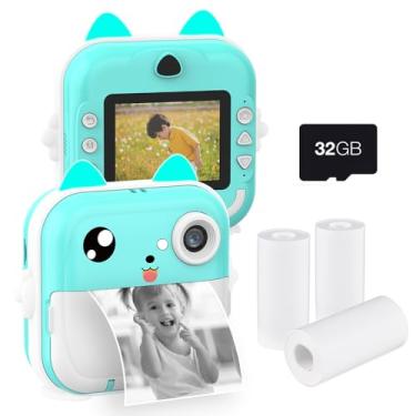 Imagem de CIADAZ Câmera portátil para crianças com impressão térmica instantânea, tela de 2,4 polegadas, câmera digital, foto, selfie, vídeo HD, impressão térmica sem tinta com cartão de memória de 32 GB, 3 rol