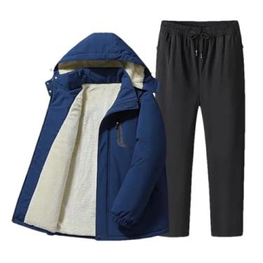 Imagem de ZMIN Conjunto de moletom casual + calça masculina com capuz roupas esportivas grossas de lã quente de inverno conjuntos quentes, Azul marinho, P
