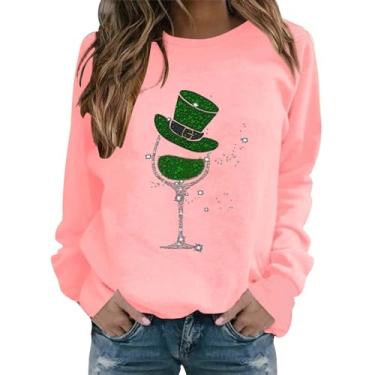 Imagem de Moletom feminino St Patricks Day manga longa leopardo trevo St. Patricks camisetas 100% algodão para mulheres, rosa, M