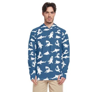 Imagem de Camiseta masculina Shark Ocean azul marinho com proteção de manga comprida FPS 50 + camisas de sol masculinas de secagem rápida com capuz, Tubarão azul marinho, XXG