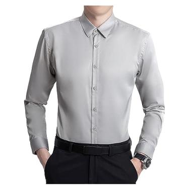 Imagem de Camisa social masculina Ice Silk cor sólida manga longa camisa formal slim fit camisa ajuste muscular, Cinza, XXG