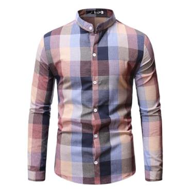 Imagem de Camisa masculina casual, estampa xadrez, cores combinando, manga comprida, colarinho aberto, botões, Rosa, XXG