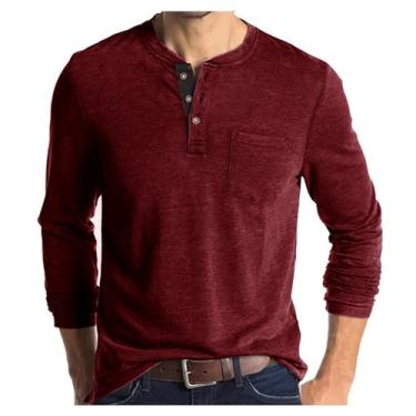 Imagem de Camisetas masculinas casuais com bolso de cor sólida manga comprida com botões atléticos para treino urbano, Vinho tinto, XG