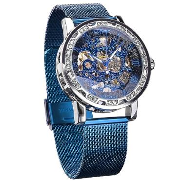 Imagem de Winner Relógio de Pulso Mecânico Retrô Manual com Diamante e Flor Esculpida Artesanal Relógio de Pulso Masculino Esqueleto Mecânico Clássico Número Romano, Azul 2, Casual