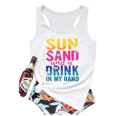 Imagem de Sun Sand and A Drink in My Hand Regatas Femininas Verão Praia Gráfica Sem Mangas Camiseta Fofa Country Vacation Tank Cami, Branco, G