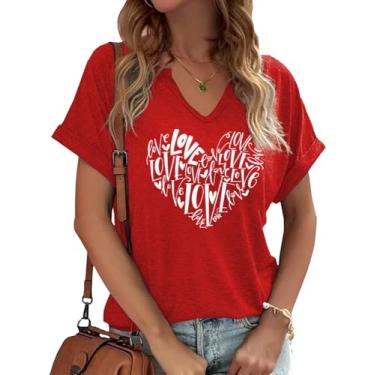 Imagem de Earlymemb Camiseta feminina com estampa de coração e decote em V para o dia dos namorados para casal, casual, de manga curta, para presente, A-vermelho-14, M