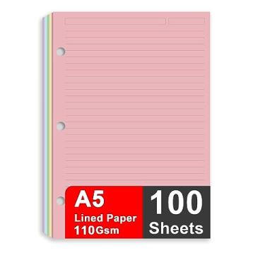 Imagem de Papel de enchimento A5, papel de refil de caderno de 3 furos para fichário recarregável de 3 anéis, papel de refil de planejador de folhas soltas de 5 cores 110 g/m², 100 folhas/200 páginas, 14 x 20 cm