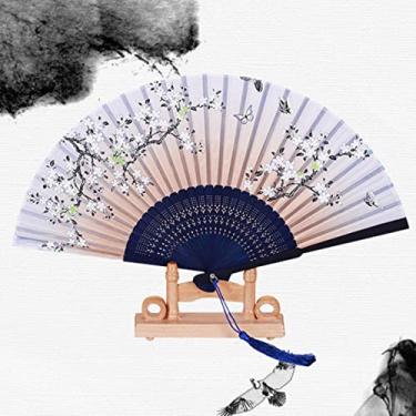 Imagem de YQHWLKJ Ventilador de mão dobrável de seda vintage, ventiladores de mão de tecido de bambu, ventiladores de mão, arte, artesanato, decoração de casa para aniversário, dança, casamento