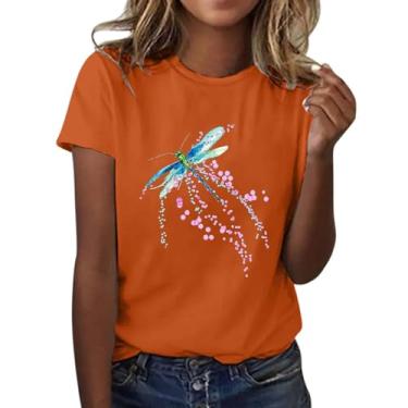 Imagem de Camiseta feminina com estampa de libélula, gola redonda, manga curta, caimento solto, casual, camiseta de treino de verão, Laranja, M