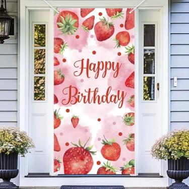 Imagem de Faixa de fundo de feliz aniversário de morango com tema de primeira fruta doce decoração de porta para princesas meninas recém-nascidas chá de bebê festa de aniversário lembrancinhas decorações