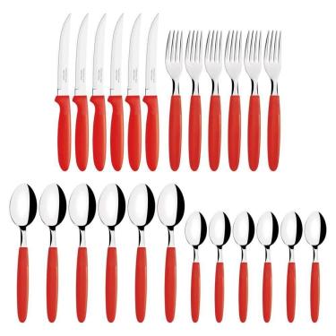 Imagem de Faqueiro Tramontina Laminas Em Aço Inox E Cabos De Polipropileno Vermelho Com Pote Plastico 24 Peças