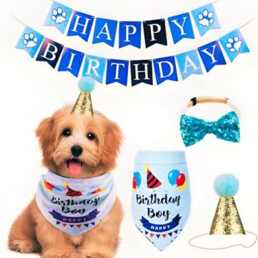 Imagem de Combo de Aniversário Pet – Decoração com Chapéu, Bandana, Gravata e Bandeirinha "Happy Birthday" (Azul)