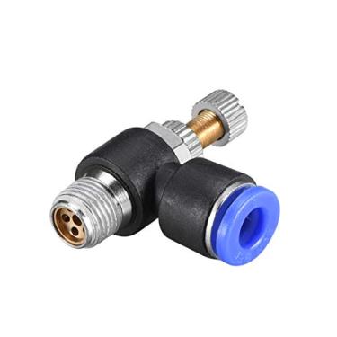 Imagem de uxcell Válvula de controle de fluxo de ar push to connect, cotovelo, 6 mm OD x rosca macho G1/8, válvula controladora de velocidade de fluxo pneumático, azul, 5 peças