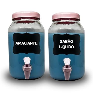 Imagem de KIT LAVANDERIA 2 POTES COM TORNEIRA PARA SABÃO LIQUIDO E AMACIANTE, AMBOS COM 3 LITROS COM LOUSA E GIZ