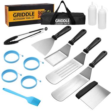 Imagem de Conjunto de acessórios para grelha de cima plana, conjunto profissional de espátulas para grelha Hibachi com raspador de espátulas de hambúrguer, utensílios para churrasco, utensílios de utensílios para uso externo para homens e grelhas para cozinhar (preto)