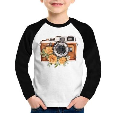 Imagem de Camiseta Raglan Infantil Máquina Fotográfica Vintage e Flores Manga Lo