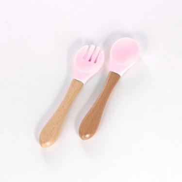 Imagem de Kit Par Talher Garfo Colher Silicone Bambu Madeira Introdução Alimentar Bebê Infantil Refeição Alimentação Criança (Azul)