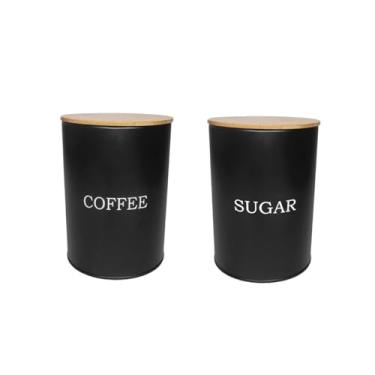 Imagem de Genérico, Pote Cafe Açucar Porta Mantimento Aço Preto Tampa Bambu Lata