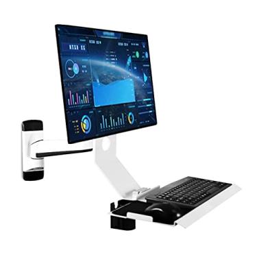 Imagem de Suporte de exibição para estação de trabalho de parede - Braço de montagem VESA em pé de movimento total, suporte de monitor mecânico ajustável com braço de bandeja de teclado, suporte ergonômico de