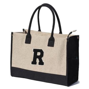 Imagem de ESVAN Sacola de lona personalizada para presentes de linho, bolsas de mão com fecho de zíper inicial, bolsa utilitária retrô, R