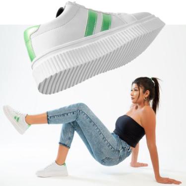 Imagem de Tênis Feminino Branco com Listras Verde e Sola Borracha Plataforma - F
