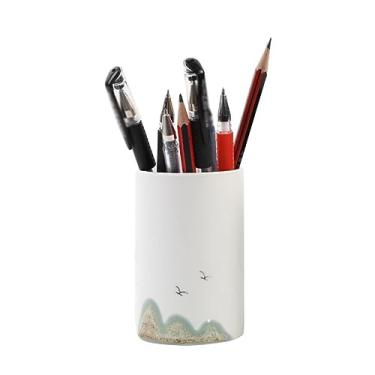 Imagem de Porta-lápis de cerâmica para escritório, mesa de trabalho, estilo chinês, multifuncional, armazenamento de canetas de maquiagem para estudantes (D 6,3 x 10 cm)