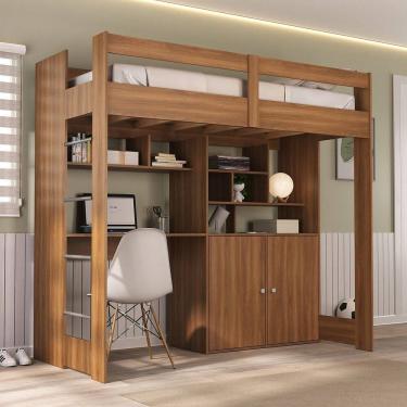 Imagem de Cama de Solteiro Zwork 2 Portas com Escrivaninha Multifuncional Yescasa Nogal