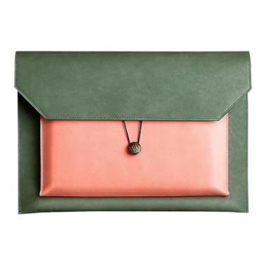 Imagem de Enyuwlcm Pasta de arquivo de couro PU A4, porta-documentos, carteira, envelope com 2 compartimentos, combinação verde e rosa
