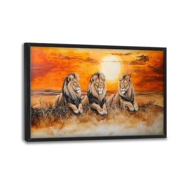 Imagem de Arte de parede em tela emoldurada de leão grande para sala de estar, quarto, pôr do sol, fotos, decoração, natureza, paisagem, laranja, pintura, impressões, arte, casa, sala de jantar, escritório