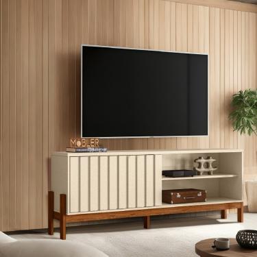 Imagem de Rack Ripado para TV até 75 Polegadas 1 Porta de Correr com Pés New Aurora Mobler - Perola Metalizado/Cinamomo Mel