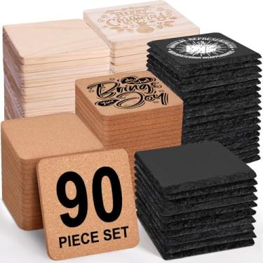 Imagem de Porta-copos de 90 peças a granel para gravação a laser, MAPRIAL de 10 cm 30 peças em branco pedra de ardósia preta, 30 porta-copos de cortiça, 36 peças de madeira inacabada, materiais graváveis para