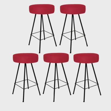 Imagem de Kit 05 Banqueta Alta Laisa Industrial Redonda Cozinha Bar Balcão Bistrô Ferro Preto Tecido Sintético Vermelho - Ahz Móveis