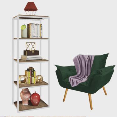 Imagem de Kit Poltrona Fatte com Manta Soft Lilás e Estante Livreiro Ferro Branco mdf Freijó Suede Verde Musgo - Ahazzo Móveis