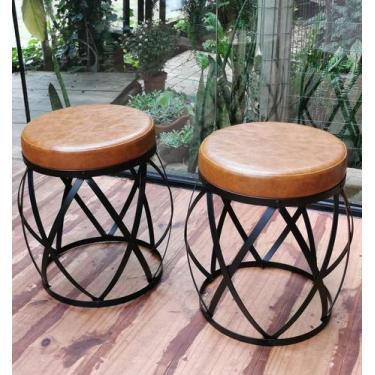 Imagem de Kit 2 Bancos de Ferro Barril - Estofado Caramelo Seat Garden - ARTE & 