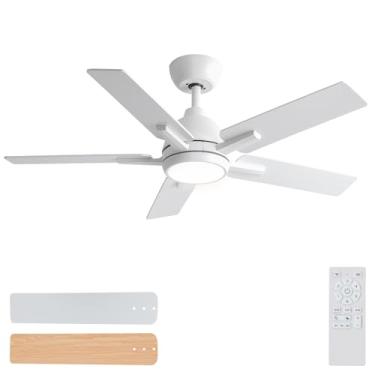 Imagem de Sevenine Ventiladores De Teto De 42 Polegadas Com Luzes E Controle Remoto, Ventilador De Teto Branco Com 5 Lâminas De Dupla Face, Haste Descendente, Motor Cc Reversível Silencioso De 6 Velocidades,