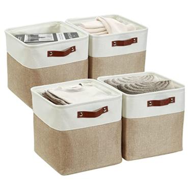 Imagem de DECOMOMO Caixas de armazenamento de cubo de 33 polegadas, cubo de armazenamento de tecido, cesta para prateleiras Kallax (bege e branco, cubo de 33 cm - pacote com 4)