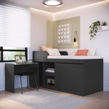 Imagem de Cama Infantil Alta Multifuncional com Escrivaninha 2 Porta 1 Gaveta Jamaica Art in Móveis - Grafite
