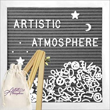 Imagem de Conjunto de quadro de cartas de feltro mutável com suporte - moldura branca de 25 x 25 cm - cor cinza escuro e 340 caracteres brancos incluindo emoji com bolsa - perfeito para uma parede de galeria,