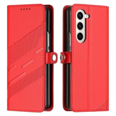 Imagem de HAO RIYLN Capa flip para Samsung Galaxy Z Fold6, capa de telefone com fecho magnético com compartimentos para cartões, capa de couro à prova de choque, vermelha, Z FOLD6