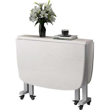 Imagem de Mesa de cozinha dobrável - Mesa de jantar de folha de queda extensível de madeira com rodas, design móvel e compacto ideal para lounge, cafeteria ou restaurante, branco, 100x60cm