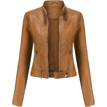 Imagem de Jaqueta de couro curta feminina Jaqueta de colar de outono da primavera europeia, bege, xs