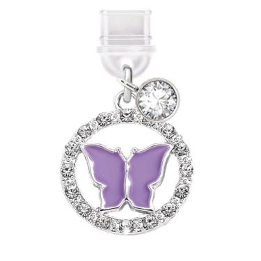Imagem de ELISE & FONDA TP634Tipo-C porta de carregamento plugue antipoeira pequeno círculo de cristal pingente de telefone borboleta para iPhone 15/16/Samsung/OnePlus/Xiaomi/oppo telefones Android (roxo)