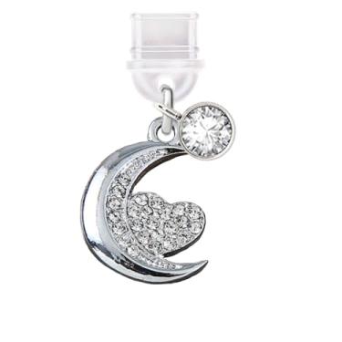 Imagem de ELISE & FONDA TP620 Tipo-C porta de carregamento plugue antipoeira lua pequena com pingente de telefone celular coração amor para iPhone 15/16/Samsung/OnePlus/Xiaomi/oppo telefones Android (branco)