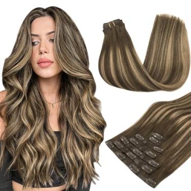 Imagem de MAXITA Extensões De Cabelo Sem Costura Com Clipe, 7 Peças, 110G, Balayage, Castanho Chocolate A Loiro Caramelo, 22", Remy, Em Humano Natural, Liso E Invisível
