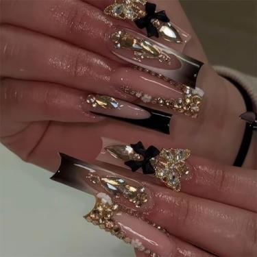 Imagem de RTKHFZE Unhas Postiças Quadradas Extra Longas Com Glitter, Pretas E Nude, Design De Laço, Para O Dia Dos Namorados, 24 Peças